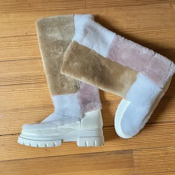 NWOB Free People HappyThoughts Fur Shearling Colorblock Boots First Frost 7.5