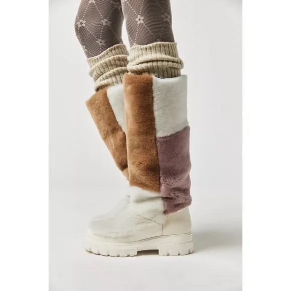 NWOB Free People HappyThoughts Fur Shearling Colorblock Boots First Frost 7.5