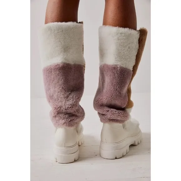 NWOB Free People HappyThoughts Fur Shearling Colorblock Boots First Frost 7.5