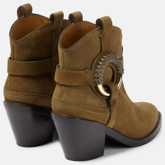 NWOB See by Chloe Hanna Hana Leather O Ring Booties in Military Green 38 / 8