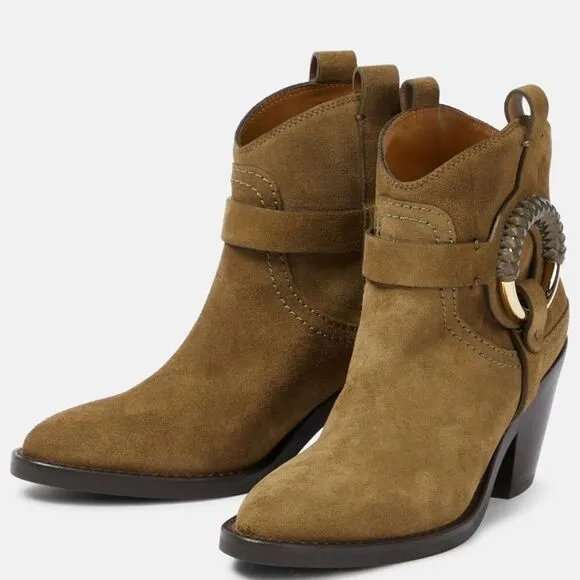 NWOB See by Chloe Hanna Hana Leather O Ring Booties in Military Green 38 / 8