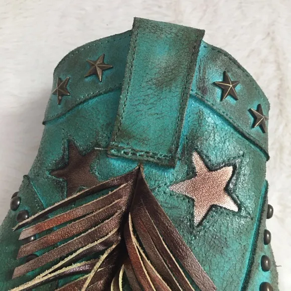 NWOT Circle G By Corral Distressed Western Ankle Boots Fringe Star Studs &amp; Inlay