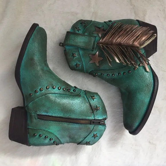 NWOT Circle G By Corral Distressed Western Ankle Boots Fringe Star Studs &amp; Inlay