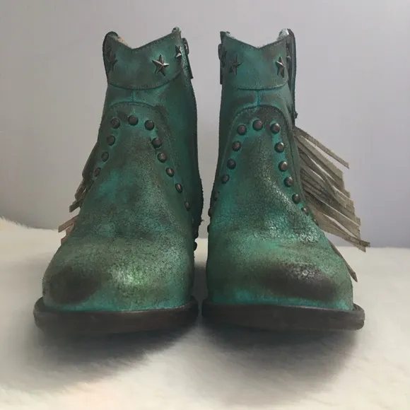 NWOT Circle G By Corral Distressed Western Ankle Boots Fringe Star Studs &amp; Inlay