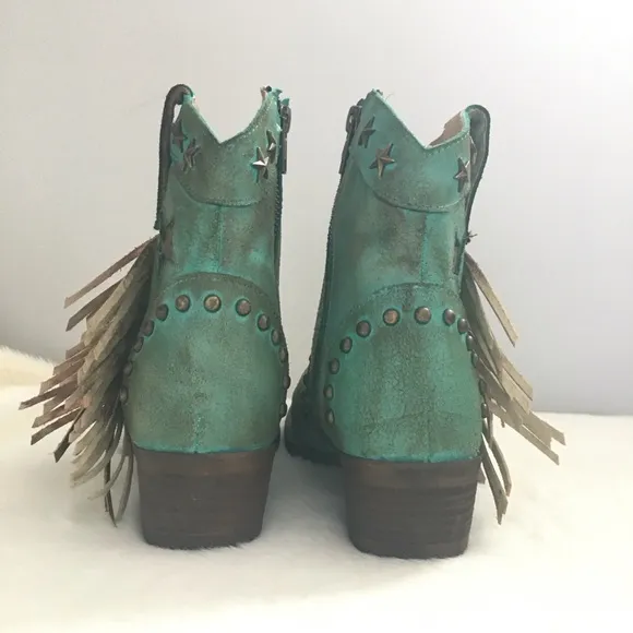 NWOT Circle G By Corral Distressed Western Ankle Boots Fringe Star Studs &amp; Inlay