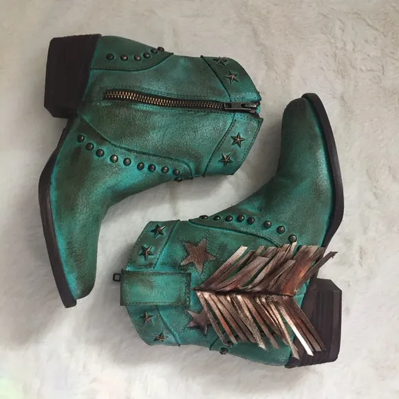 NWOT Circle G By Corral Distressed Western Ankle Boots Fringe Star Studs &amp; Inlay