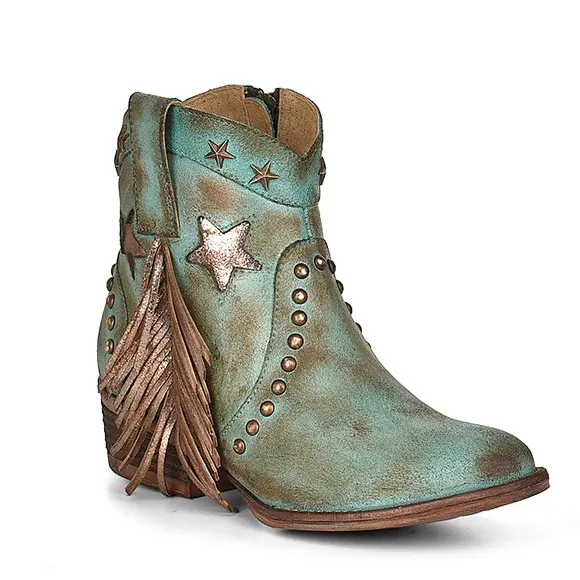 NWOT Circle G By Corral Distressed Western Ankle Boots Fringe Star Studs &amp; Inlay
