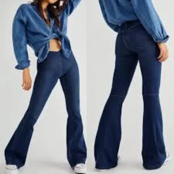 NWOT! Free People Penny Pull On Blue Flare Bell Bottom Jeans