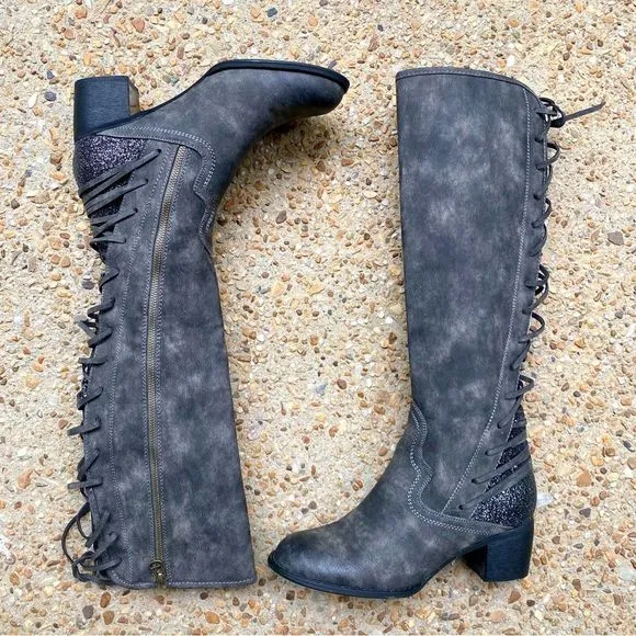 NWOT NWOB Southern Fried Chics Glory Tall Gray Glitter Bling Tie Boots size 11