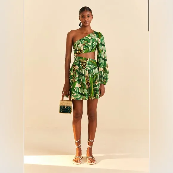 NWT FARM Rio Tropical Leaves One Shoulder Mini Dress