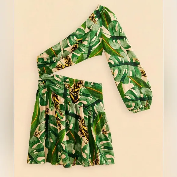 NWT FARM Rio Tropical Leaves One Shoulder Mini Dress