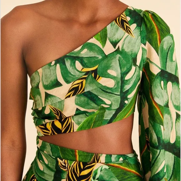 NWT FARM Rio Tropical Leaves One Shoulder Mini Dress