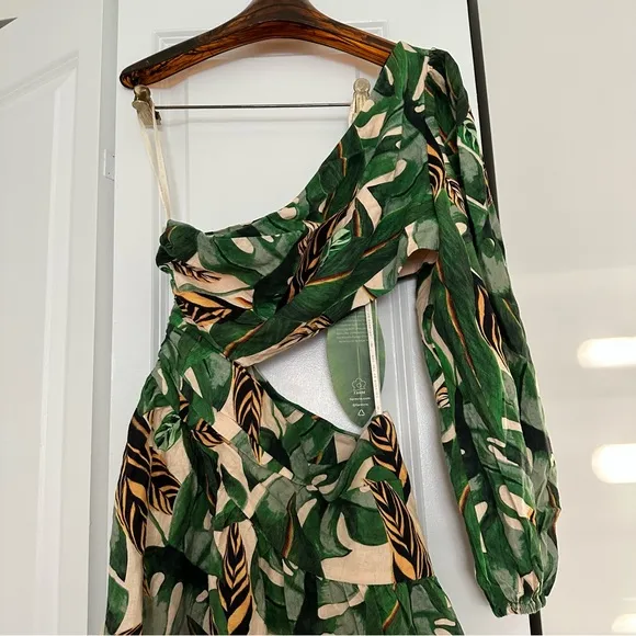 NWT FARM Rio Tropical Leaves One Shoulder Mini Dress