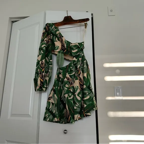 NWT FARM Rio Tropical Leaves One Shoulder Mini Dress