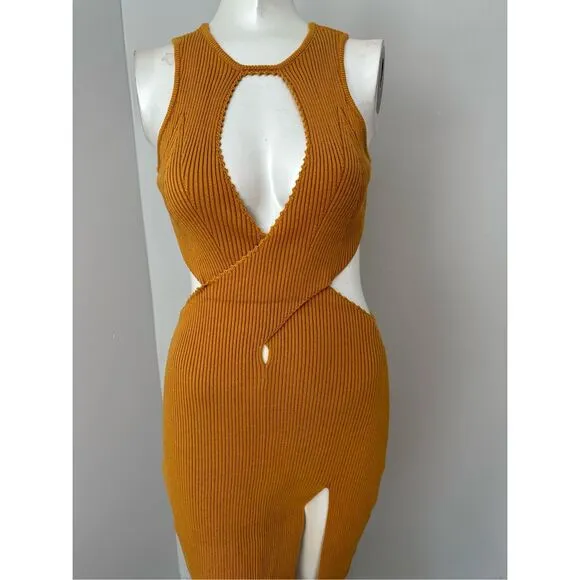 NWT For Love &amp; Lemons Ribbed Knit Cutout Maggie Midi Dress Rust Orange Small $18