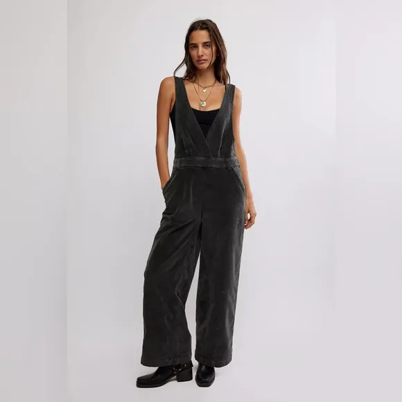 NWT Free People Mara Cord Overalls~Black