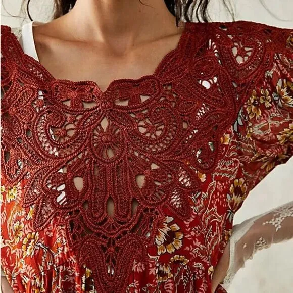 NWT Free People Margot Printed Dress in Antique Red Combo Size Medium
