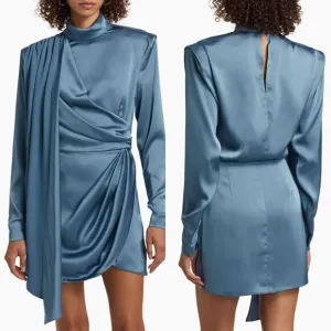 NWT Ronny Kobo Satin Bianca Ruched Long Sleeve Mini Dress Medium $598