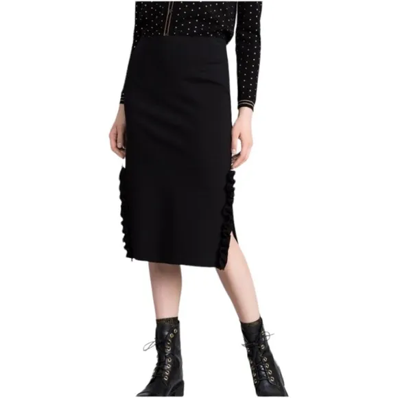 NWT Twinset Milano Pencil Skirt Split Side Ruffle Accent Black