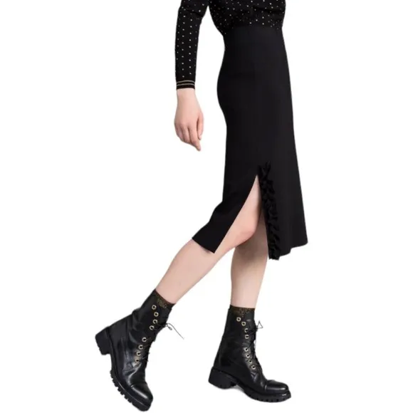 NWT Twinset Milano Pencil Skirt Split Side Ruffle Accent Black