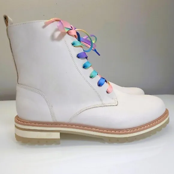 Oasis Society Combat Boots Women Size 10 Amora Military White Vegan Rainbow Fun