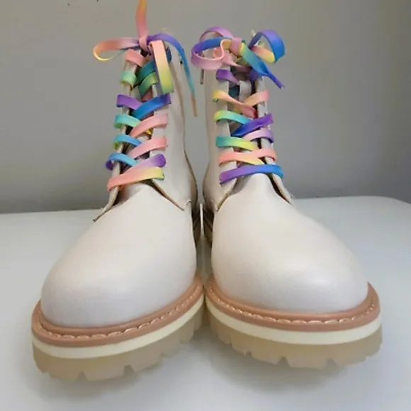 Oasis Society Combat Boots Women Size 10 Amora Military White Vegan Rainbow Fun
