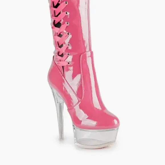Offer! Golden Voltaire Shiny Patent Red Lace-Up Platform Lucite Clear Heel Boots