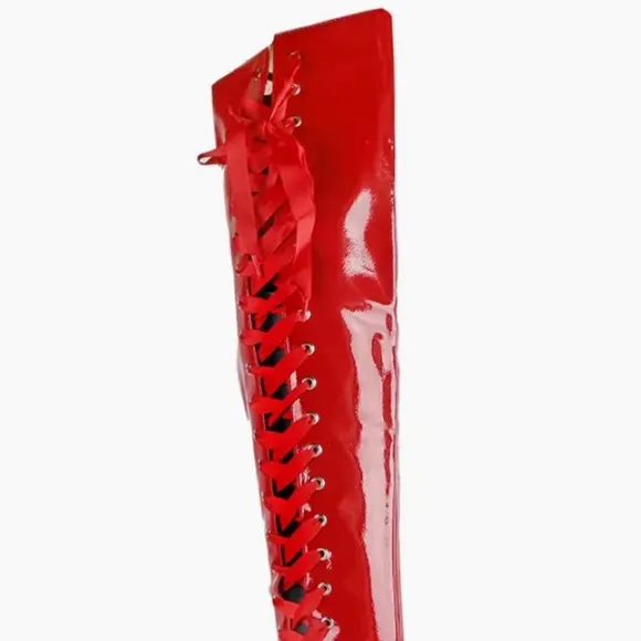 Offer! Golden Voltaire Shiny Patent Red Lace-Up Platform Lucite Clear Heel Boots