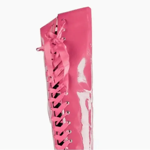 Offer! Golden Voltaire Shiny Patent Red Lace-Up Platform Lucite Clear Heel Boots