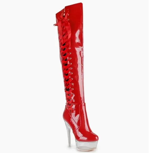 Offer! Golden Voltaire Shiny Patent Red Lace-Up Platform Lucite Clear Heel Boots