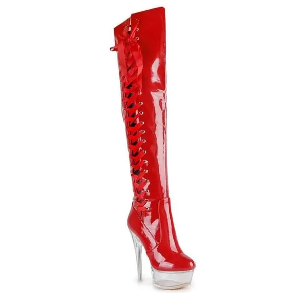 Offer! Golden Voltaire Shiny Patent Red Lace-Up Platform Lucite Clear Heel Boots
