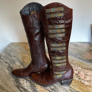Old Gringo Elina Brass Embroidered Western Cowboy 18” Tall Leather Boots 8 1/2