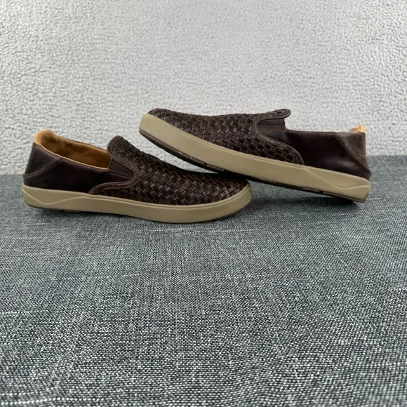 OLUKAI Lae'ahi Lauhala Men's Dark Brown Leather Loafer Woven Slip On Shoes US 11