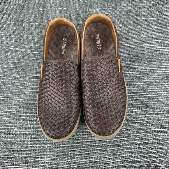 OLUKAI Lae'ahi Lauhala Men's Dark Brown Leather Loafer Woven Slip On Shoes US 11