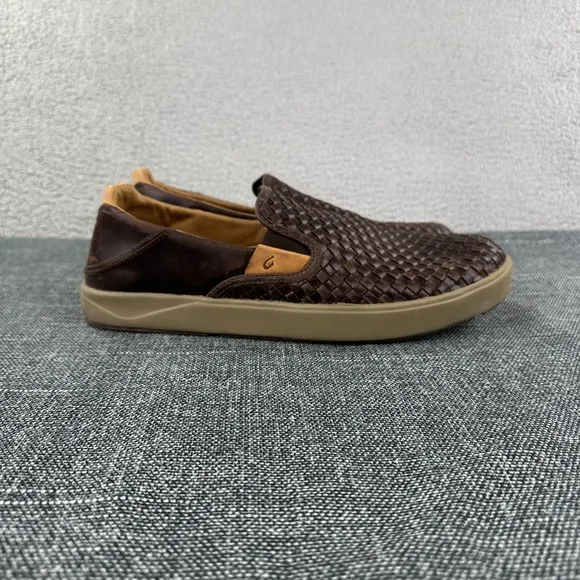 OLUKAI Lae'ahi Lauhala Men's Dark Brown Leather Loafer Woven Slip On Shoes US 11