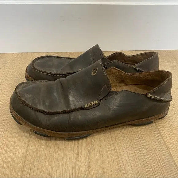 Olukai Moloa Brown Leather Moccasins Slip On Shoes