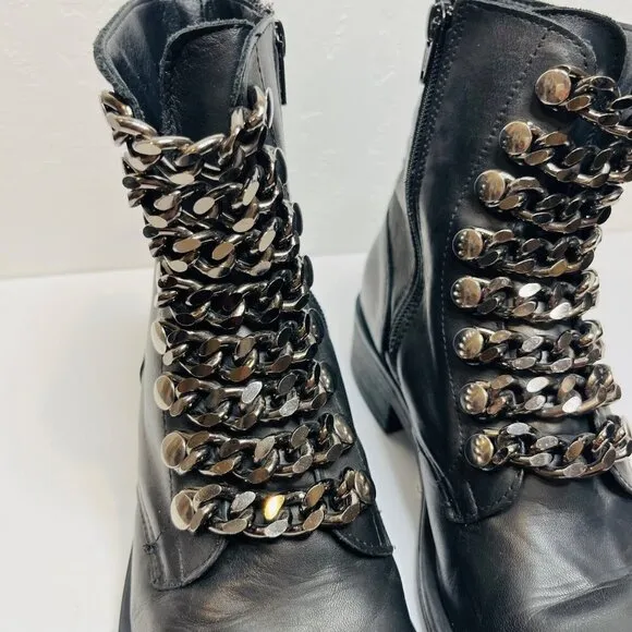 Ovyé Leather studded Chain lace Biker Combat moto Boots Size 38 Goth rock ankle