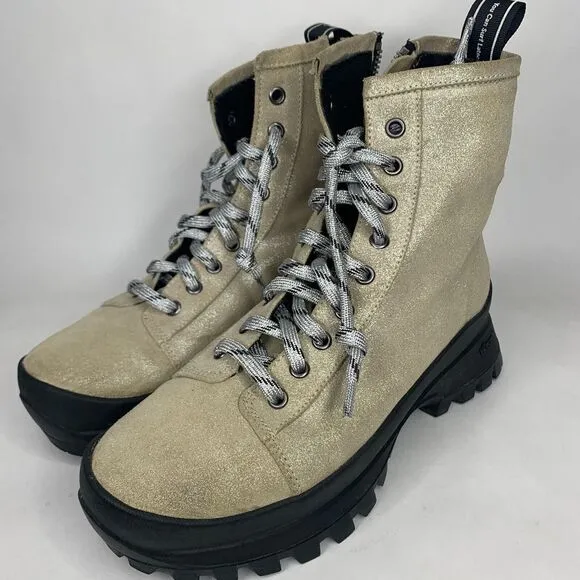 P448 Boots Womens 39 Gold Glitter Vibram Military Lace Up‎