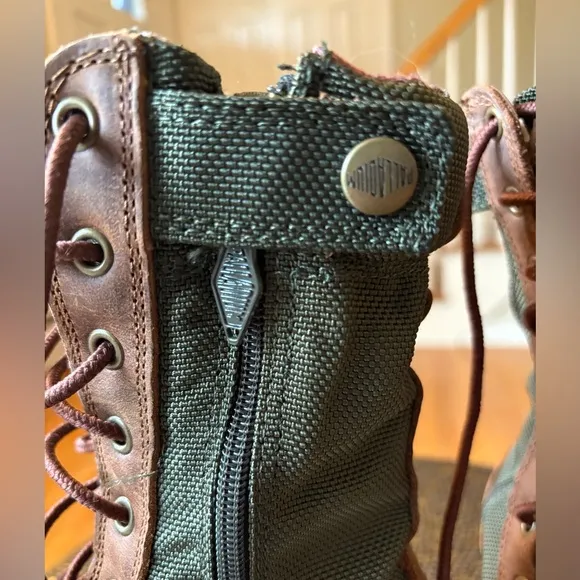Palladium Green and Brown Combat Boots with Flannel Interior