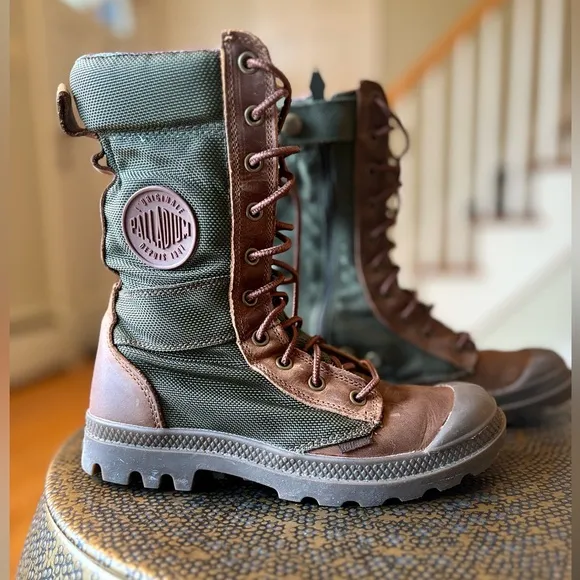 Palladium Green and Brown Combat Boots with Flannel Interior