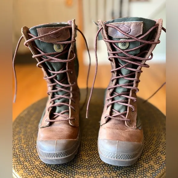 Palladium Green and Brown Combat Boots with Flannel Interior