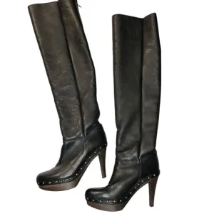 PALOMA BARCELO knee high black leather studded heeled platform boots 9.5