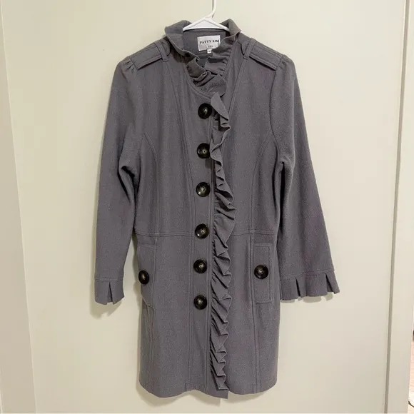 Patty Kim 100% Wool Claudia Military Coat Ruffle Detail Gray Sz Large