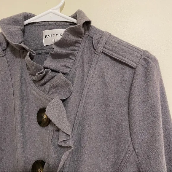 Patty Kim 100% Wool Claudia Military Coat Ruffle Detail Gray Sz Large