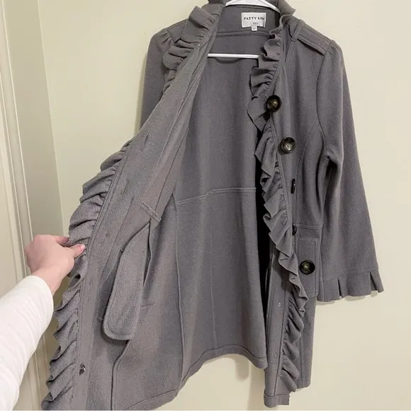 Patty Kim 100% Wool Claudia Military Coat Ruffle Detail Gray Sz Large
