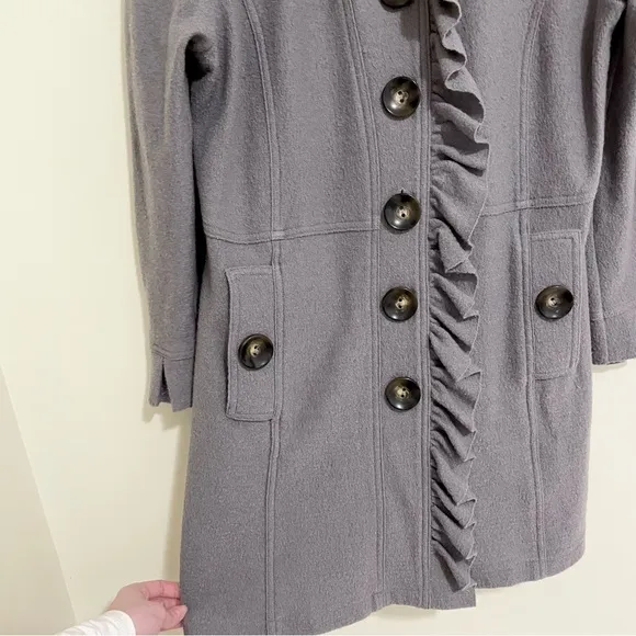 Patty Kim 100% Wool Claudia Military Coat Ruffle Detail Gray Sz Large