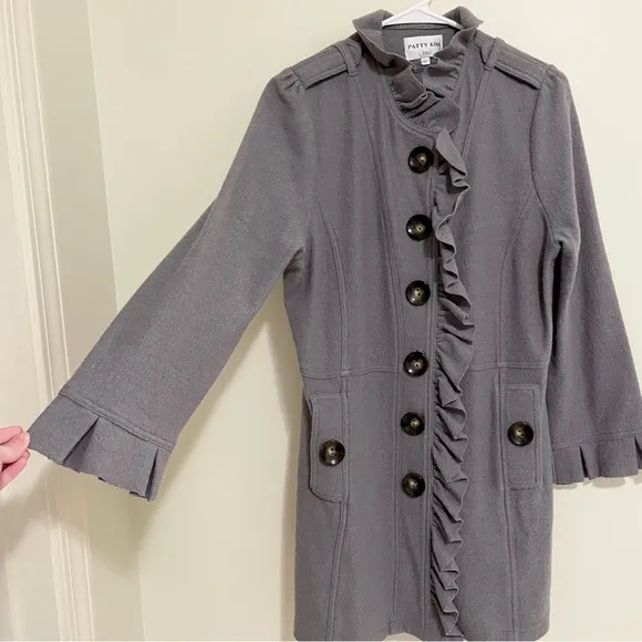 Patty Kim 100% Wool Claudia Military Coat Ruffle Detail Gray Sz Large