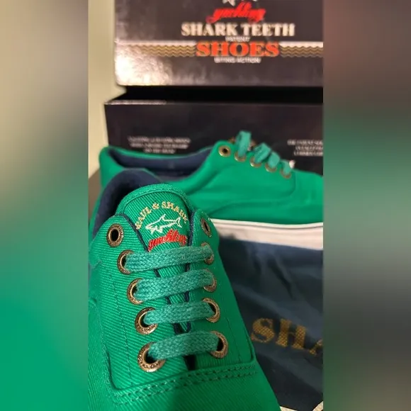 Paul &amp; Shark Yachting Rare Shark Teeth Green Canvas Yacht Boat Shoes 42 US9