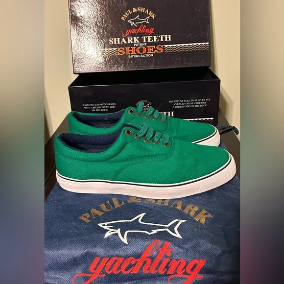 Paul &amp; Shark Yachting Rare Shark Teeth Green Canvas Yacht Boat Shoes 42 US9