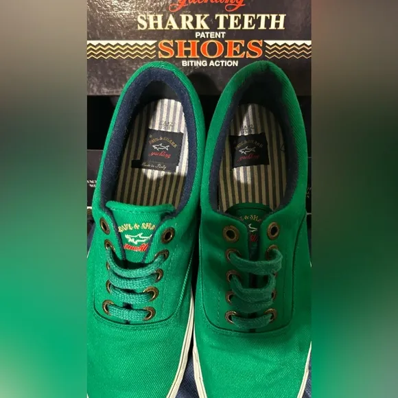 Paul &amp; Shark Yachting Rare Shark Teeth Green Canvas Yacht Boat Shoes 42 US9